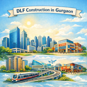 Gurgaon’s evolving skyline with high-rise buildings, commercial complexes, metro rail, and landscaped areas, topped with the heading ‘DLF Construction in Gurgaon,’ symbolizing premium real estate development and future-ready infrastructure.